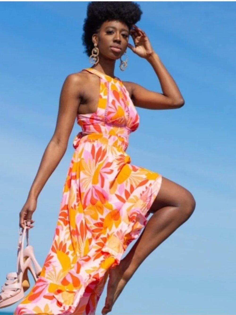NEW Abel The Label Anthropologie Rumi Halter Maxi Dress Floral Orange Pink XS - Picture 3 of 16